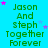 Green text reading "Jason And Steph Together Forever" on a bright cyan background with scattered pink and light blue stars.
