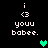 Pixelated text and heart symbols on black background with green heart animation.