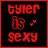 Red pixelated text on black background reads 'tyler is sexy' with heart symbols, displayed in four showing animation variations