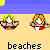 Pixelated cartoon figure with blonde or orange hair in bikini top, holding hands near chest on beige background with blue horizontal bands.