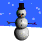 A snowman with a black top hat, orange carrot nose, and stick arms stands against a blue sky background with white snowflakes.