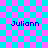 Pixelated text 'Juliann' appears in four positions on a cyan-pink checkerboard background with faint lines