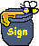 Pixel art of a blue jar with a yellow lid, containing a yellow bee with white eyes and black stripes, with the word 'Sign' in yellow text on the left and white text on the right.