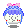 Pixel art character with blue hair, pink bow, X eyes, red cheeks, and downturned mouth in four variations.