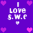 Pixelated purple background with white text "I LOVE S.W.E" and pink heart symbols in a pattern