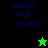 Pixelated text 'SHORT but feisty' appears on four colored backgrounds with a star symbol changing from green to black.