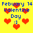 Yellow background with red hearts and blue text reading "February 14 Valentine Day :)" in pixelated style.
