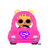 Pixelated cartoon character in pink hooded vehicle with purple emblem, shown across two animation frames with facial expression change.