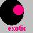 A circular black icon with a bright pink circular highlight on the right side, and pink pixelated text reading 'exotic' below it on a light gray background.