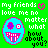 Green background with pixelated text and a blue cartoon face with pink outline, purple flower eye, white teeth, and black question.