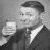 Static grayscale buddy icon showing a man in formal attire holding a milk carton, with pixelated rendering and dithering effects on the background.