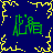 Pixelated green text on dark blue background with yellow border, four instances of the same character set arranged in a pattern