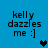 Blue background with black text reading 'kelly dazzles me :]' and four pixelated heart icons in different positions.