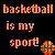 Pixelated orange text on black background reads 'basketball is my sport' with a multicolored pixelated sphere in the bottom right corner.
