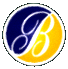 Circular icon with blue and yellow halves, white outline, and stylized white 'B' symbol, shown from multiple angles including side views.