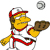 Pixelated character in yellow face and red uniform holding a brown baseball glove, with a gray ball above.