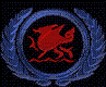 Red stylized fish-like creature inside blue circular wreath with winged elements, displayed across multiple animated frames showing rotation and partial visibility.