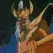 Animated sequence of a character with golden armor and horns, transitioning between full-body pose and close-up of winged shoulder armor against a starry sky.