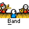 Animated pixel art contact sheet showing a marching band of cartoon characters playing instruments across six frames with musical notes and the word "Band" below each frame.