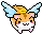 Pixelated cartoon hamster with orange-brown fur, white chest, pink cheeks and ears, black eyes, yellow halo, light blue wings, standing on gray background.