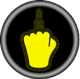 Three circular animated frames showing a middle finger gesture with yellow and dark green color variations against black backgrounds.
