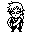 Pixelated black-and-white animation of a character with spiky hair and glasses performing sequential arm movements across four