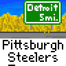 Animated contact sheet of a Pittsburgh Steelers-themed buddy icon featuring yellow school buses, green road signs reading "Debut 5mi.", and repeated text across multiple frames with logo variations at the end.