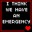 Four black square with red borders display white pixelated text "I THINK WE HAVE AN EMERGENCY" and varying heart symbols