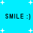 Blue background with white stars and repeated "SMILE :)" text in black pixelated font, animated to shift positions.