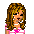 Pixel art of a female character with long brown hair, pink and white striped top, white pants, and pink accessories, with the word 'Angel' in pink text below.