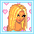 Pixel art contact sheet of an animated AIM buddy icon featuring a blonde doll character with heart motifs and text variations across frames.