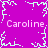 Static pixel art with magenta background, light cyan snowflake-like patterns at corners and center, repeated text "Caroline." in white serif font.