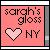 Pixelated pink square icon with text and heart symbol, featuring 'sarah's gloss NY' in dark brown pixel font and a white-outlined heart on the left side.