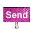 A purple sign with 'Send' text rotates through multiple angles on a light pink stand against a gray background.