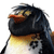 Pixelated penguin with black head, orange beak, and yellowish-white chest, head tilted upward, eyes partially closed, dark blue and gray body feathers.