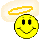 Yellow smiley face with black eyes and mouth, wearing a yellow halo above its head against a gray background.