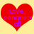 Two red heart shapes with purple text "Love conquers all" on a yellow background, each heart slightly offset from the other.
