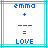 Blue pixelated text and symbols on white background with cyan border, showing 'emmo' at top, plus sign below, three horizontal lines, equals sign, and 'LOVE' at bottom.