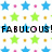 Pixelated grid of blue, green, and yellow stars with pink dots surrounding black text reading "FABULOUS!" on white background.