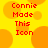 Yellow background with orange circles and red text reading "Connie Made This Icon" in four identical quadrants.