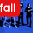 Blue background with silhouetted figures, red and blue text overlays reading 'fall', 'out', 'boy', 'dance' in pixelated font.