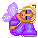 Pixelated character with blonde hair and purple robe holding a large purple crystal, shown in two poses with wing position change.