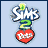 Animated icon features 'Sims 2 Pets' logo above red heart, transitioning to blue dog silhouette with tail wagging.