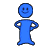 Blue stick figure with circular head in various poses against gray background, including arms at sides, pointing gestures, raised hands, and open palms.