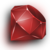 A pixelated red gemstone with faceted surfaces and a glossy finish, casting a soft shadow on a light gray background.