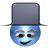Blue spherical face with black eyes, gray eyebrows, and a black smile wears a dark gray top hat against a light gray background.