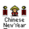 Animated Chinese New Year buddy icon featuring a pixelated character in traditional attire with changing background elements and speech bubbles.