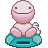 Pixel art character with pink body and teal base, seated in three distinct expressions