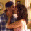 Animated contact sheet showing three sequential frames of a couple kissing in warm lighting with visible pixelation and dithering effects.