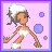 Pixel art of a character with brown skin and white hair in a towel, wearing white bikini-style clothing, standing against a pink background with purple bubbles.